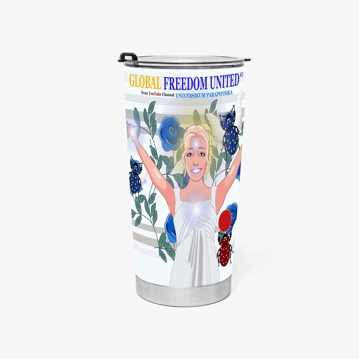 Tumbler GLOBAL FREEDOM UNITED© UNIVERSIKUM PARAPHYSIKA SPIRITUEL Blue ROSES with Skarabeus Beetle