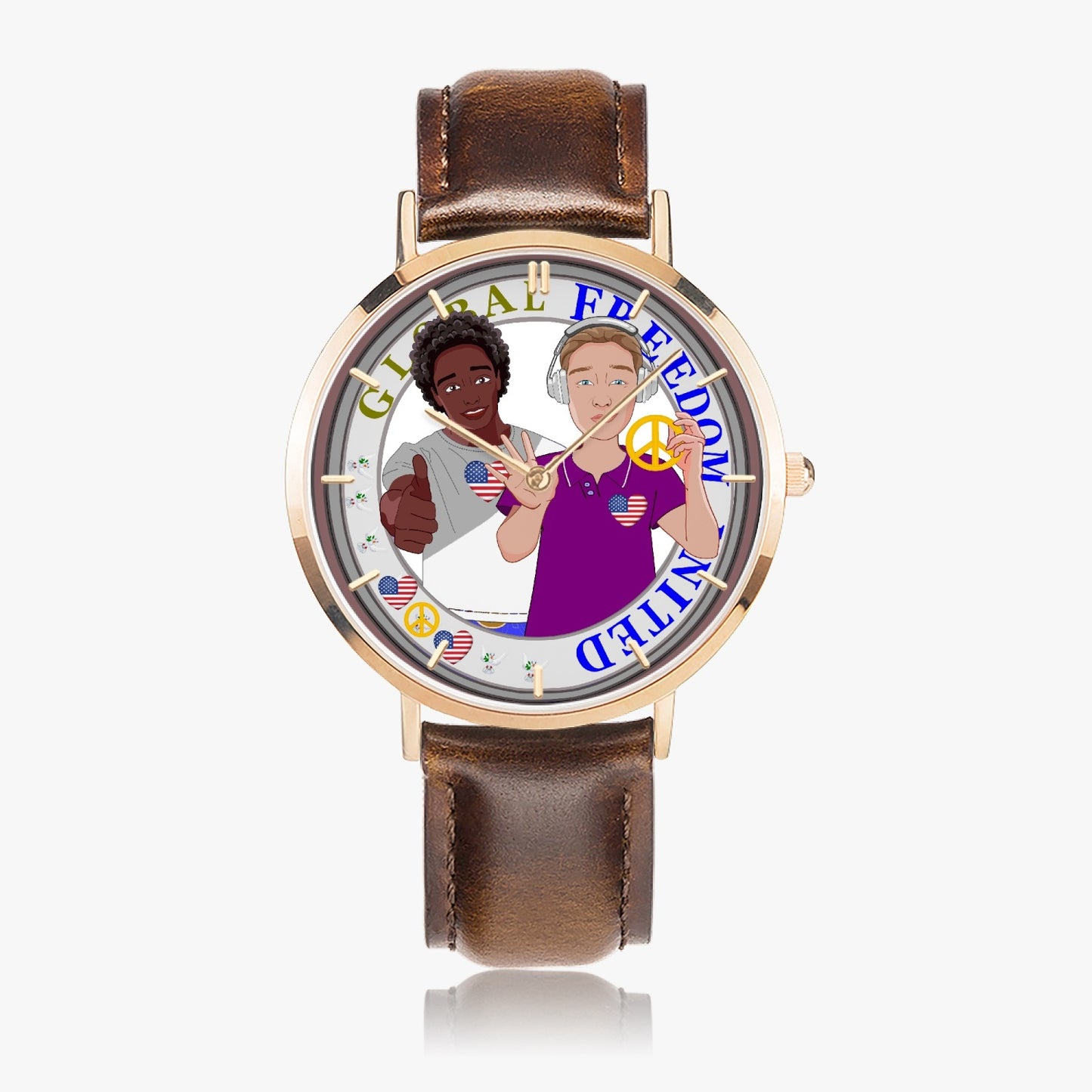 GLOBAL FREEDOM UNITED© Hot Selling Ultra-Thin Leather Strap Quartz Watch (Rose Gold With Indicators) Men ANTI FASCISM & RACISM  USA