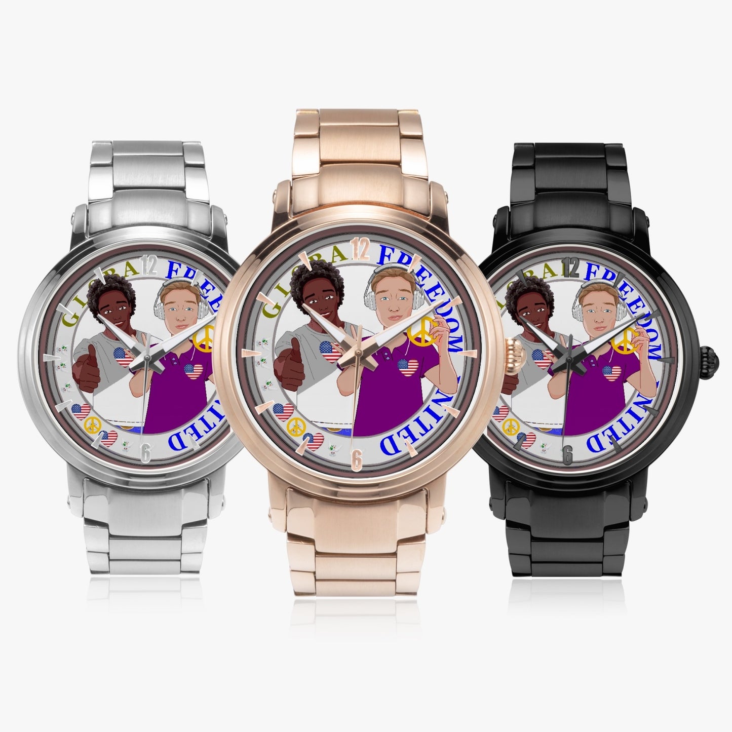 GLOBAL FREEDOM UNITED© New Steel Strap Automatic Watch (With Indicators) Men ANTI FASCISM & RACISM USA