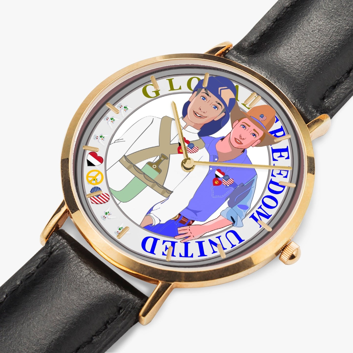 GLOBAL FREEDOM UNITED© Hot Selling Ultra-Thin Leather Strap Quartz Watch (Rose Gold With Indicators) Men Yemen & USA