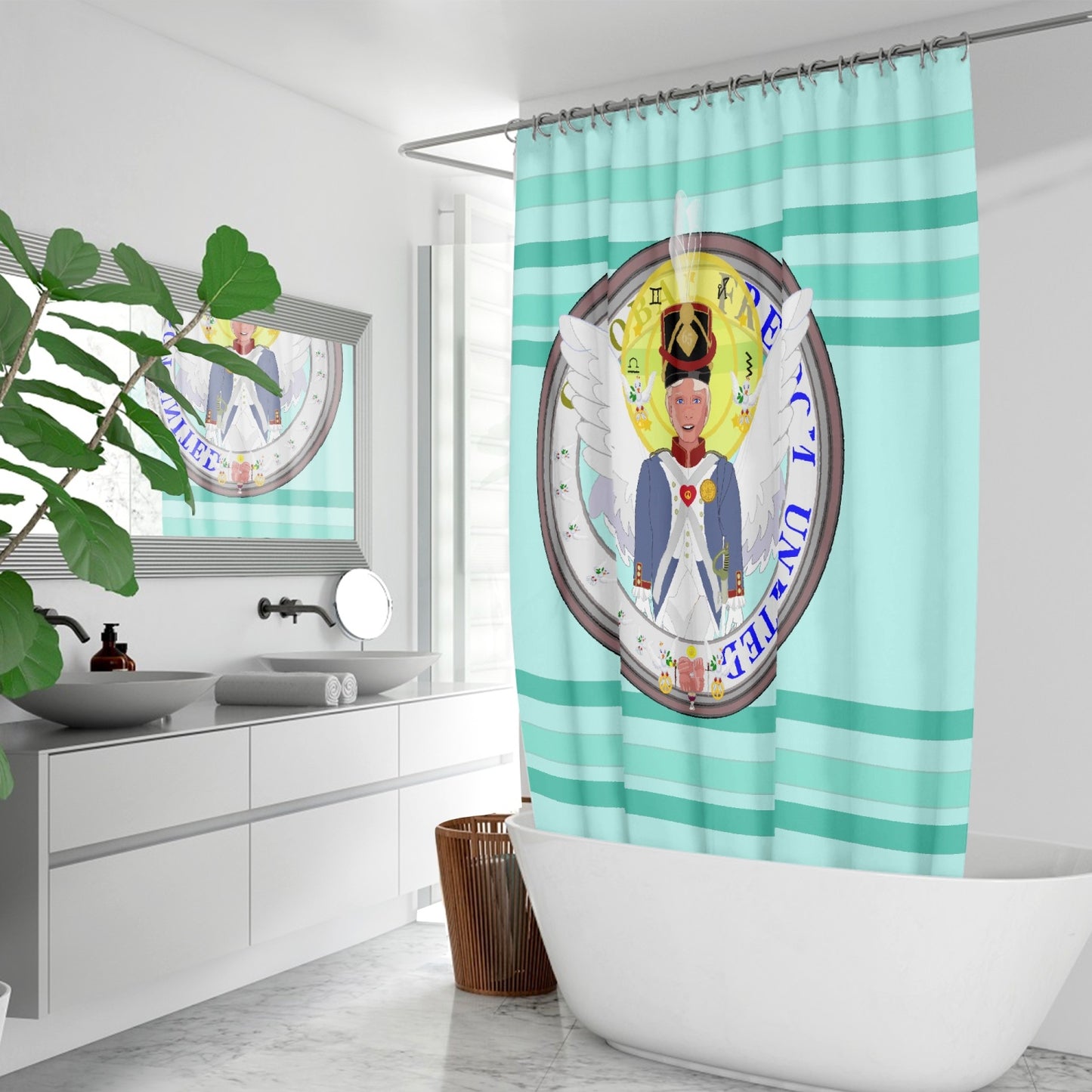 Quick-drying Shower Curtain GLOBAL FREEDOM UNITED© Archangel Michael Version 3 Light Green