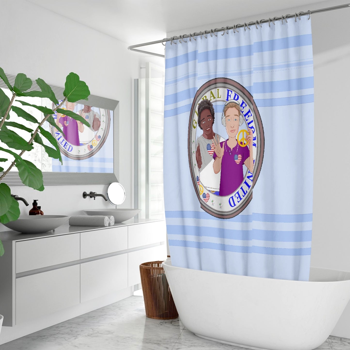 Quick-drying Shower Curtain GLOBAL FREEDOM UNITED© Men Anti Fascism & Racism USA Light Blue