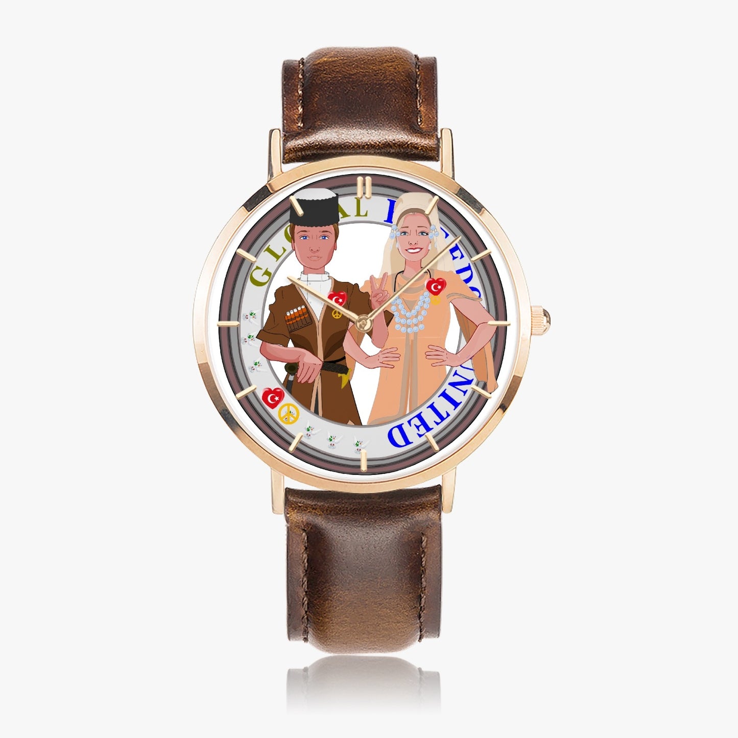 GLOBAL FREEDOM UNITED© Couple Turkey Hot Selling Ultra-Thin Leather Strap Quartz Watch (Rose Gold With Indicators)