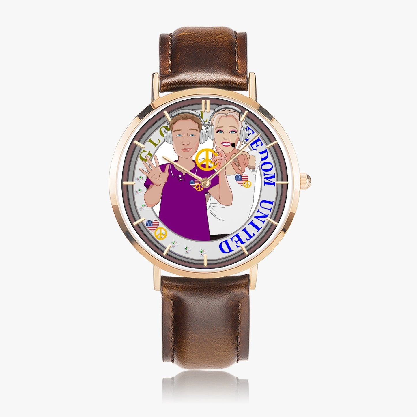 Hot Selling Ultra-Thin Leather Strap Quartz Watch (Rose Gold With Indicators) GLOBAL FREEDOM UNITED© Couple USA Wight American V1