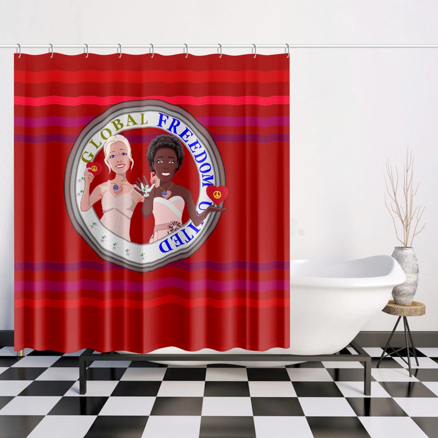Quick-drying Shower Curtain GLOBAL FREEDOM UNITED© Men Anti Fascism & Racism USA Red