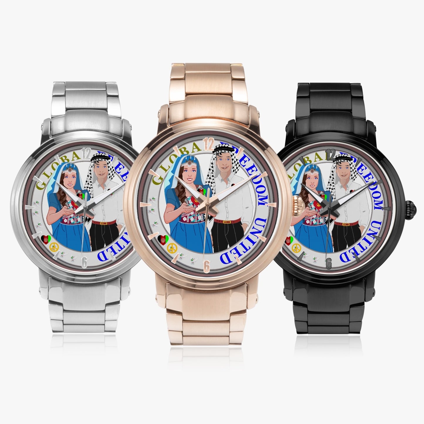 GLOBAL FREEDOM UNITED© Couple Afghanistan New Steel Strap Automatic Watch (With Indicators)