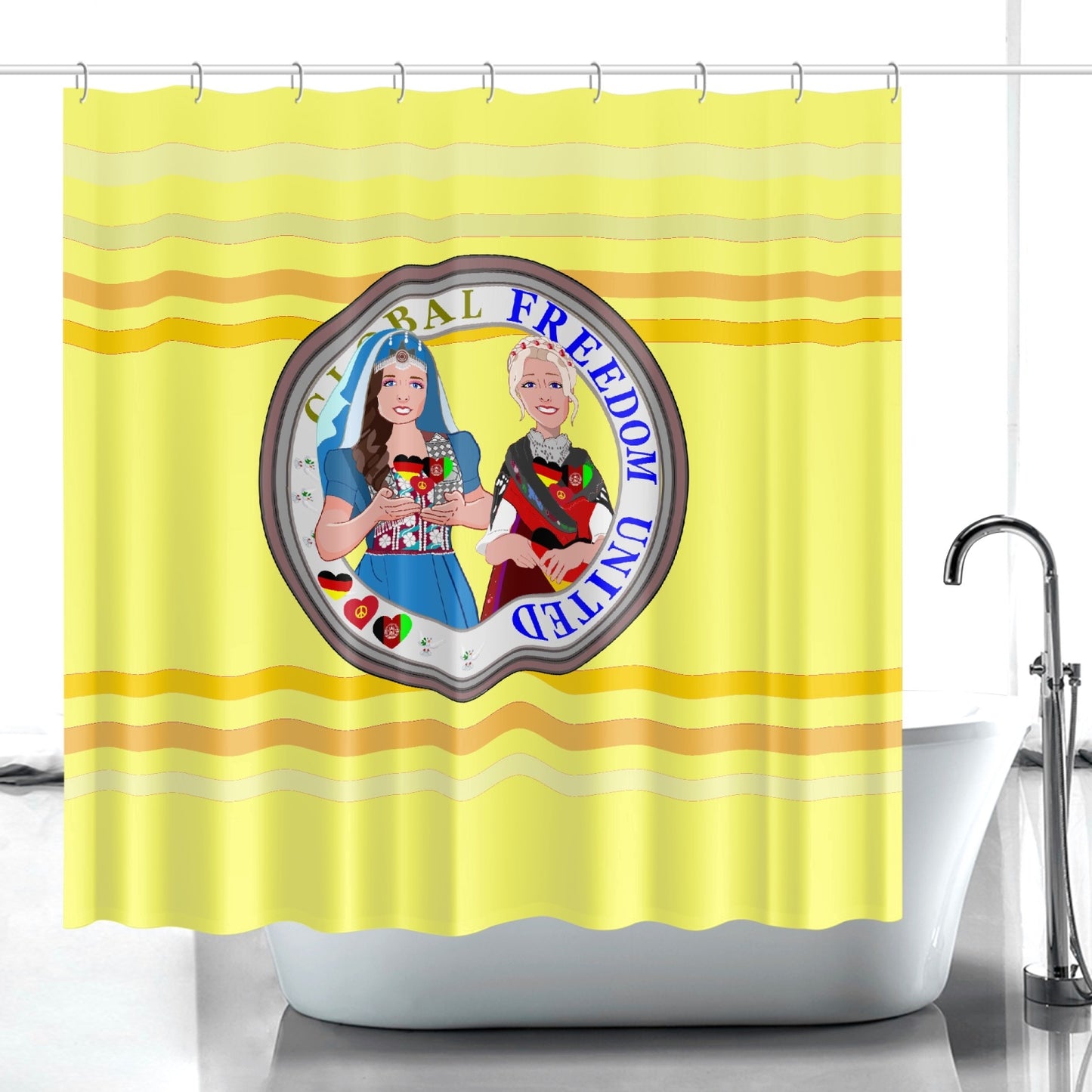 Quick-drying Shower Curtain GLOBAL FREEDOM UNITED© Women Afghanistan & Germany Yellow