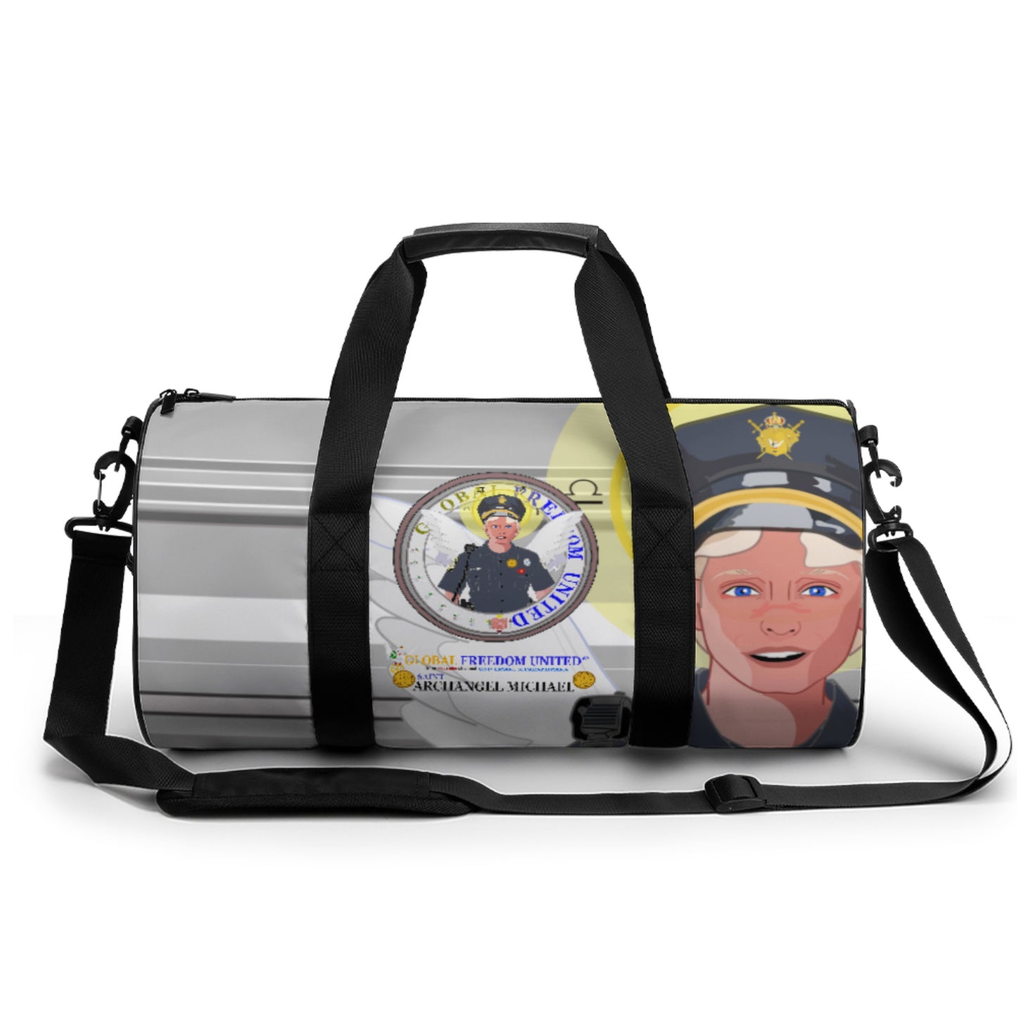 Cylindrical Gym Bag GLOBAL FREEDOM UNITED© Archangel Michael As Policemen Deep Grey