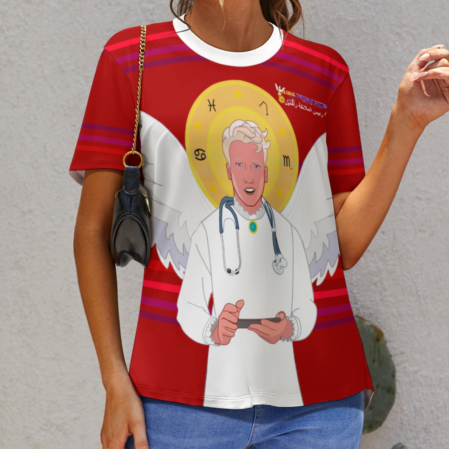 Women´s T-shirt GLOBAL FREEDOM UNITED© Archangel Rafael Arabic Red