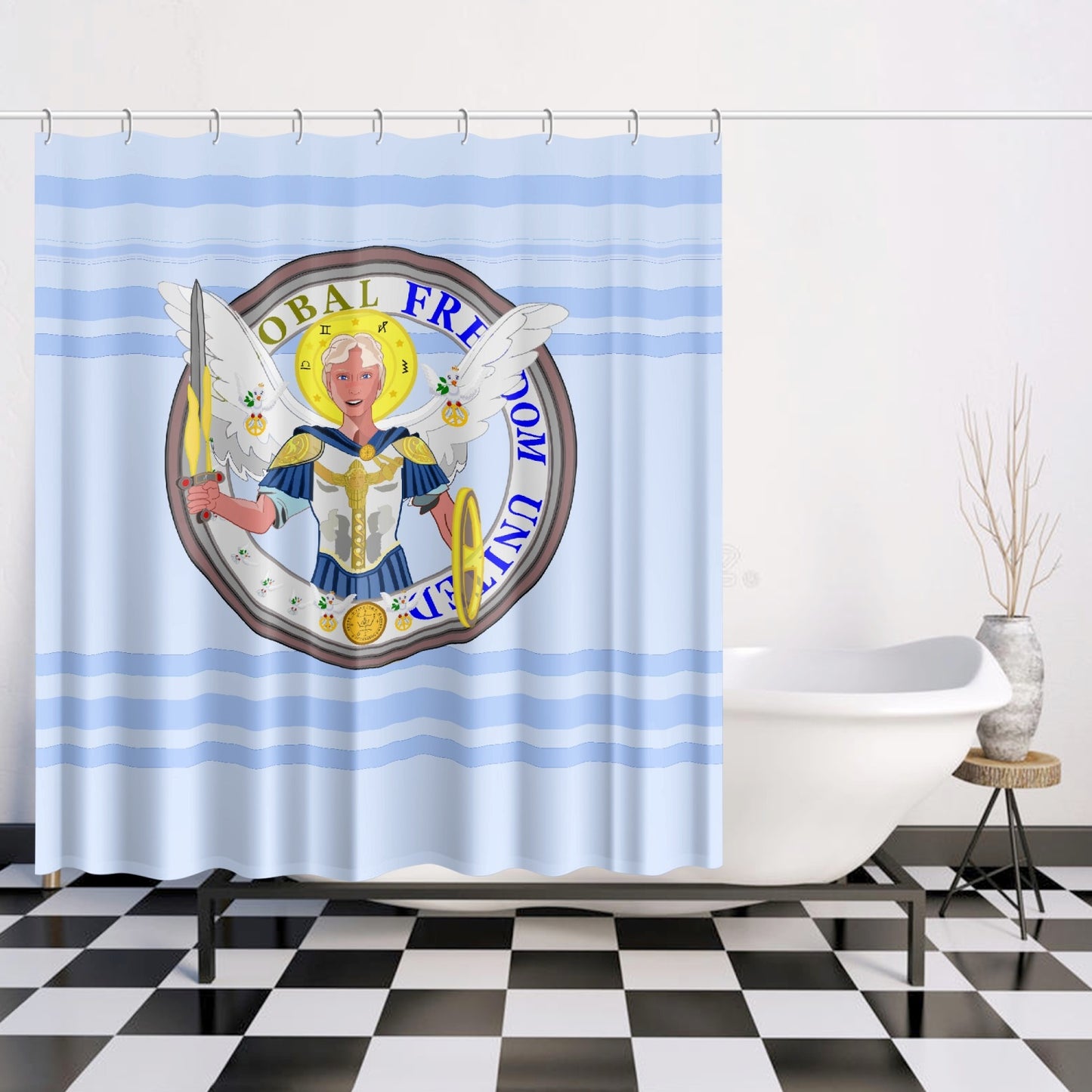 Quick-drying Shower Curtain GLOBAL FREEDOM UNITED© Archangel Michael Version 1 Light Blue