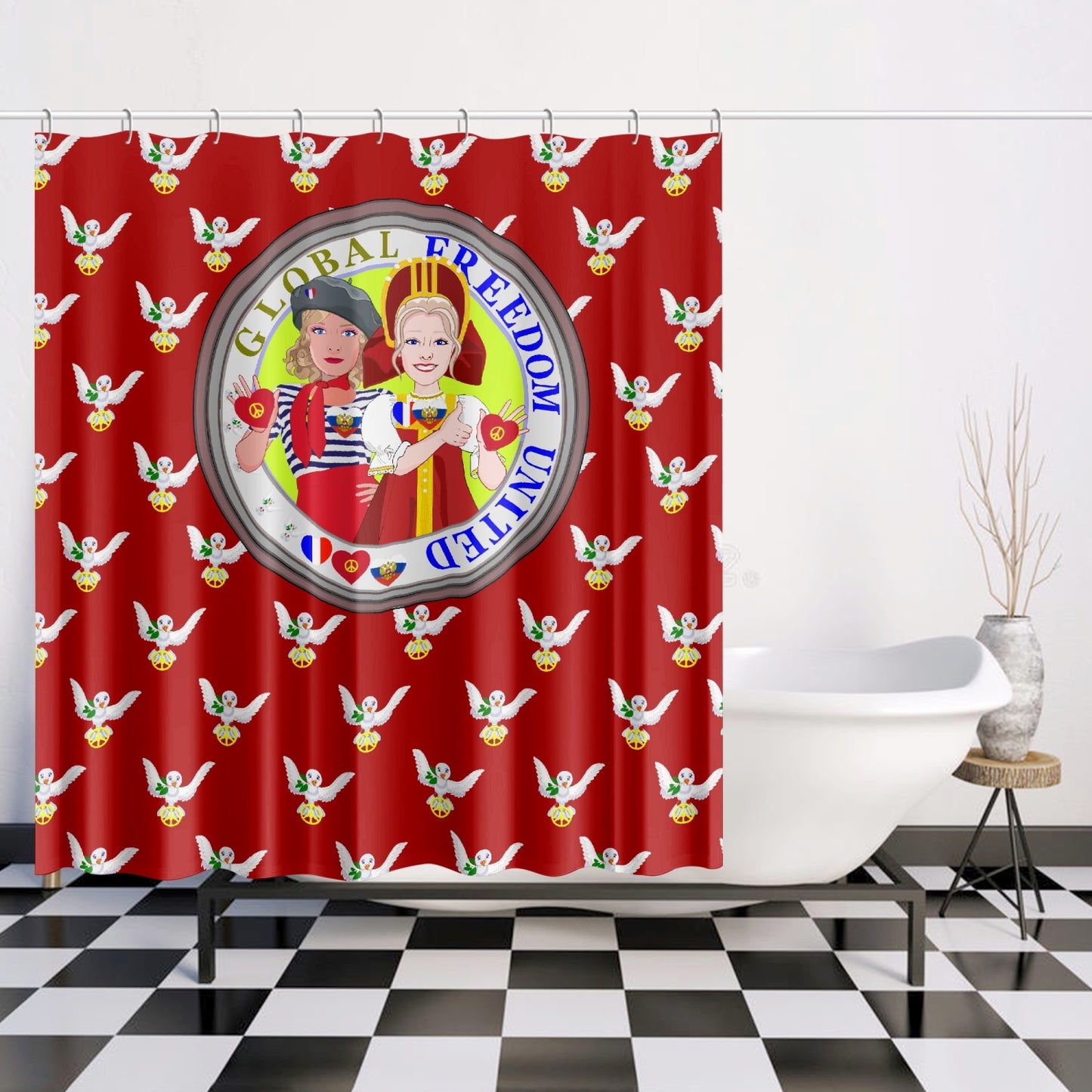 GLOBAL FREEDOM UNITED WOMEN FRENCH & RUSSIA OLD PEACE RED Quick-drying Shower Curtain