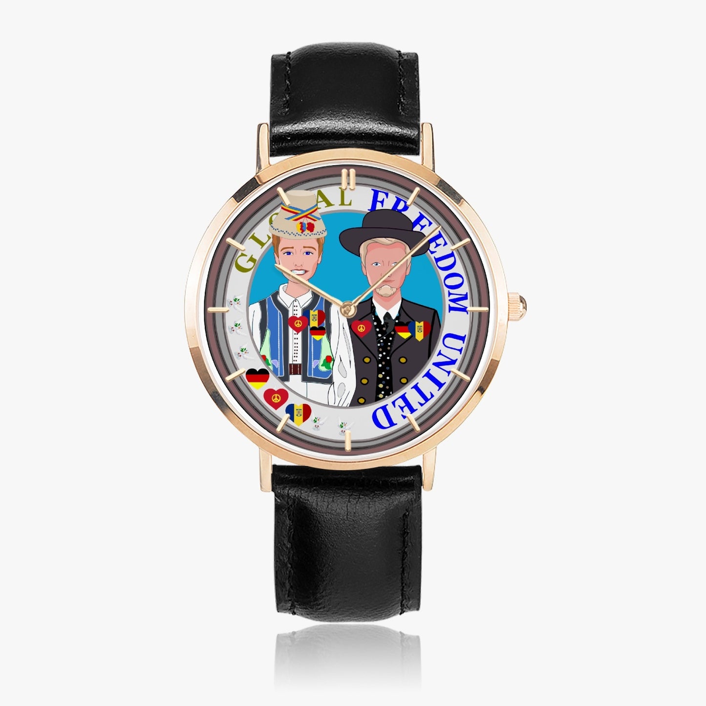 GLOBAL FREEDOM UNITED© Hot Selling Ultra-Thin Leather Strap Quartz Watch (Rose Gold With Indicators) Men Romania & Germany