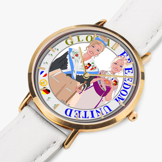 GLOBAL FREEDOM UNITED© Hot Selling Ultra-Thin Leather Strap Quartz Watch (Rose Gold With Indicators) Women French & Germany