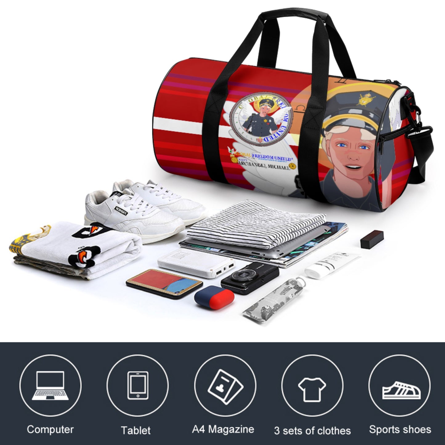 Cylindrical Gym Bag GLOBAL FREEDOM UNITED© Archangel Michael As Policemen Red