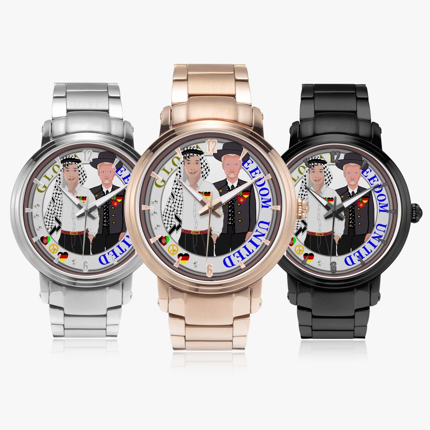 GLOBAL FREEDOM UNITED© New Steel Strap Automatic Watch (With Indicators) Men Afghanistan & Germany