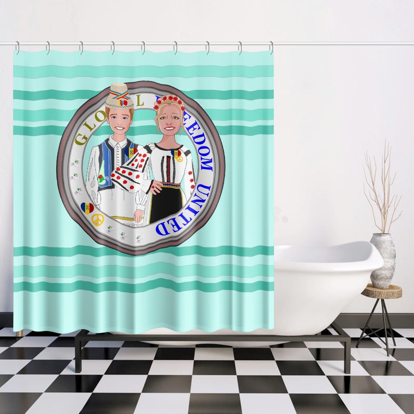 GLOBAL FREEDOM UNITED© Couple Romania Light Green - Quick-drying Shower Curtain
