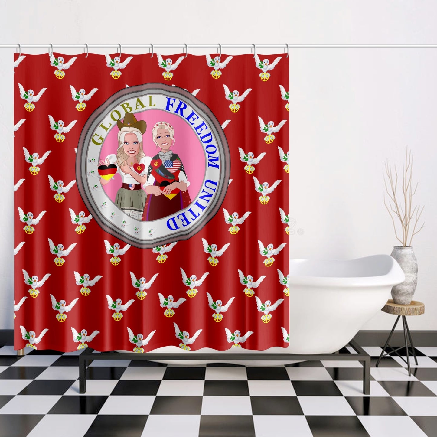 GLOBAL FREEDOM UNITED WOMEN USA & GERMANY OLD PEACE RED Quick-drying Shower Curtain