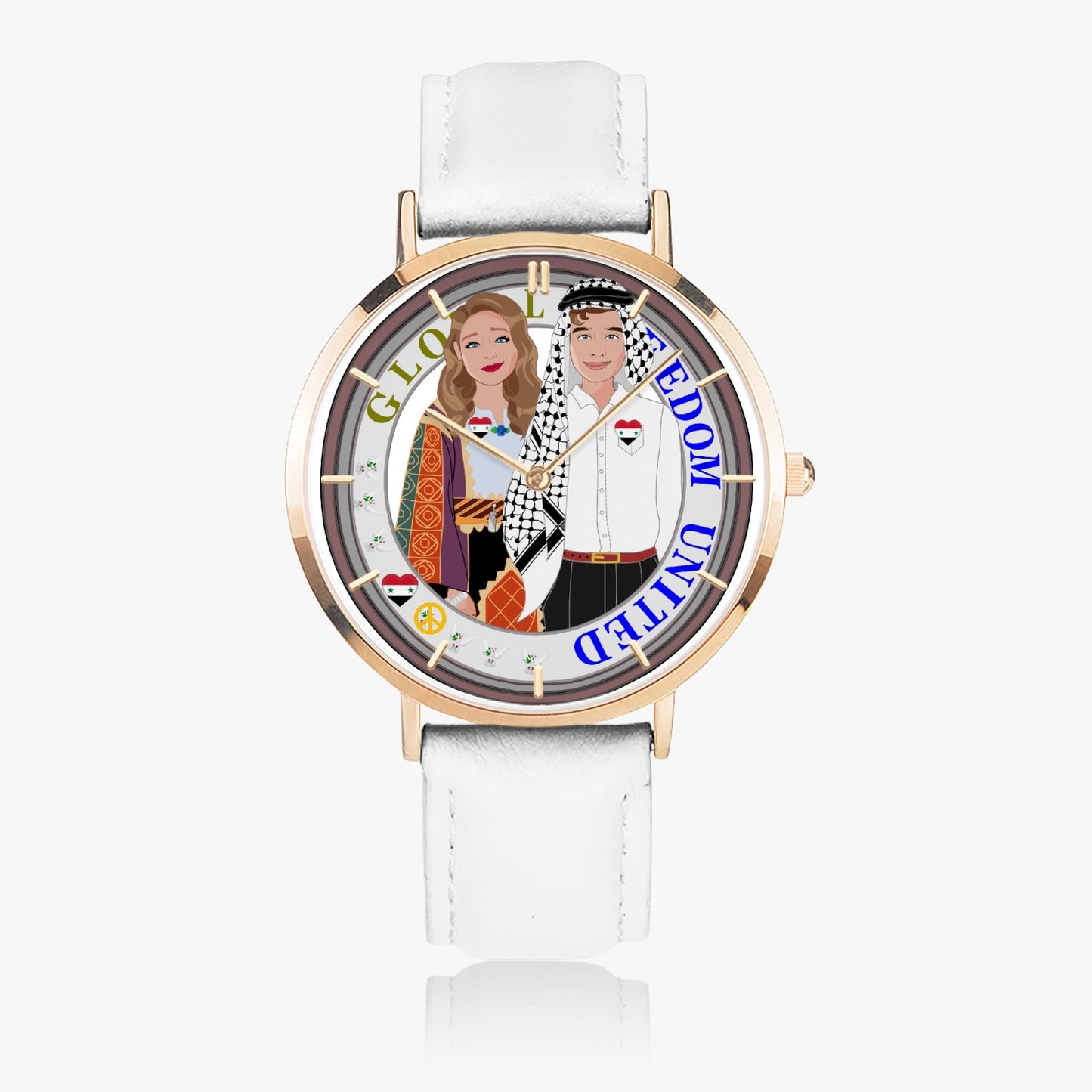 GLOBAL FREEDOM UNITED© Couple Syria Hot Selling Ultra-Thin Leather Strap Quartz Watch (Rose Gold With Indicators)
