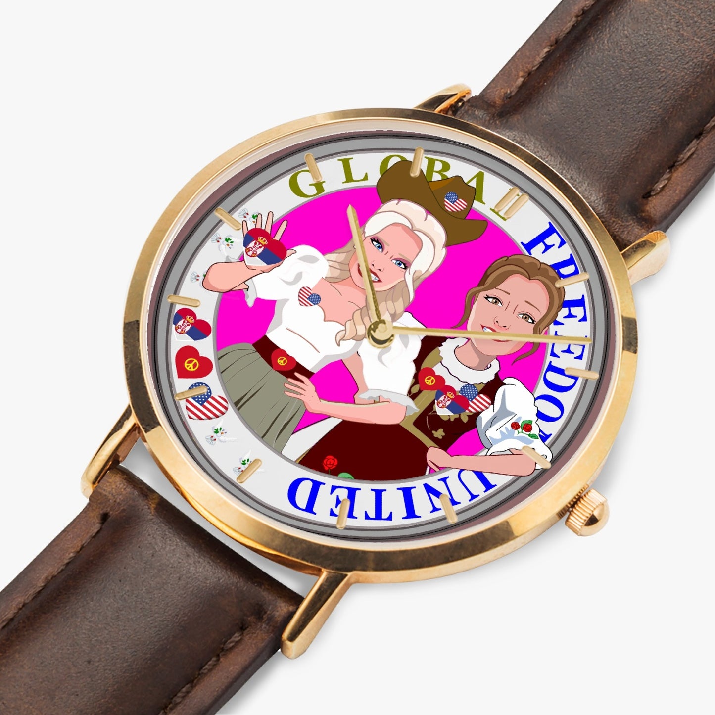 GLOBAL FREEDOM UNITED© Hot Selling Ultra-Thin Leather Strap Quartz Watch (Rose Gold With Indicators) Women Serbia & USA