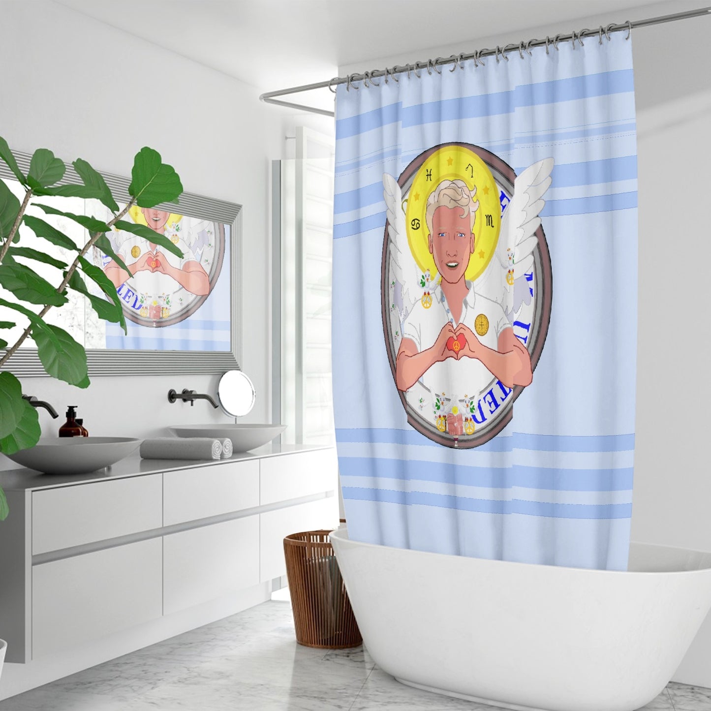 Quick-drying Shower Curtain GLOBAL FREEDOM UNITED© Archangel Rafael Light Blue