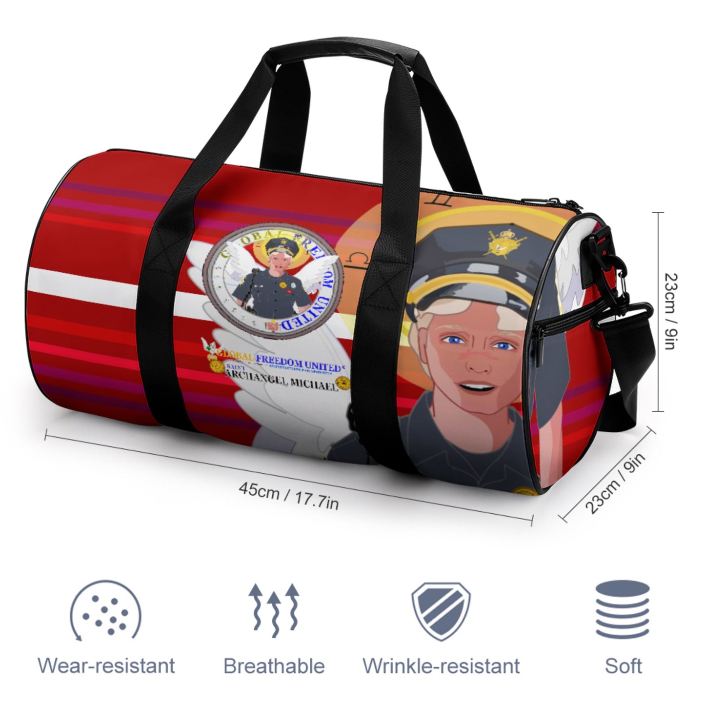 Cylindrical Gym Bag GLOBAL FREEDOM UNITED© Archangel Michael As Policemen Red