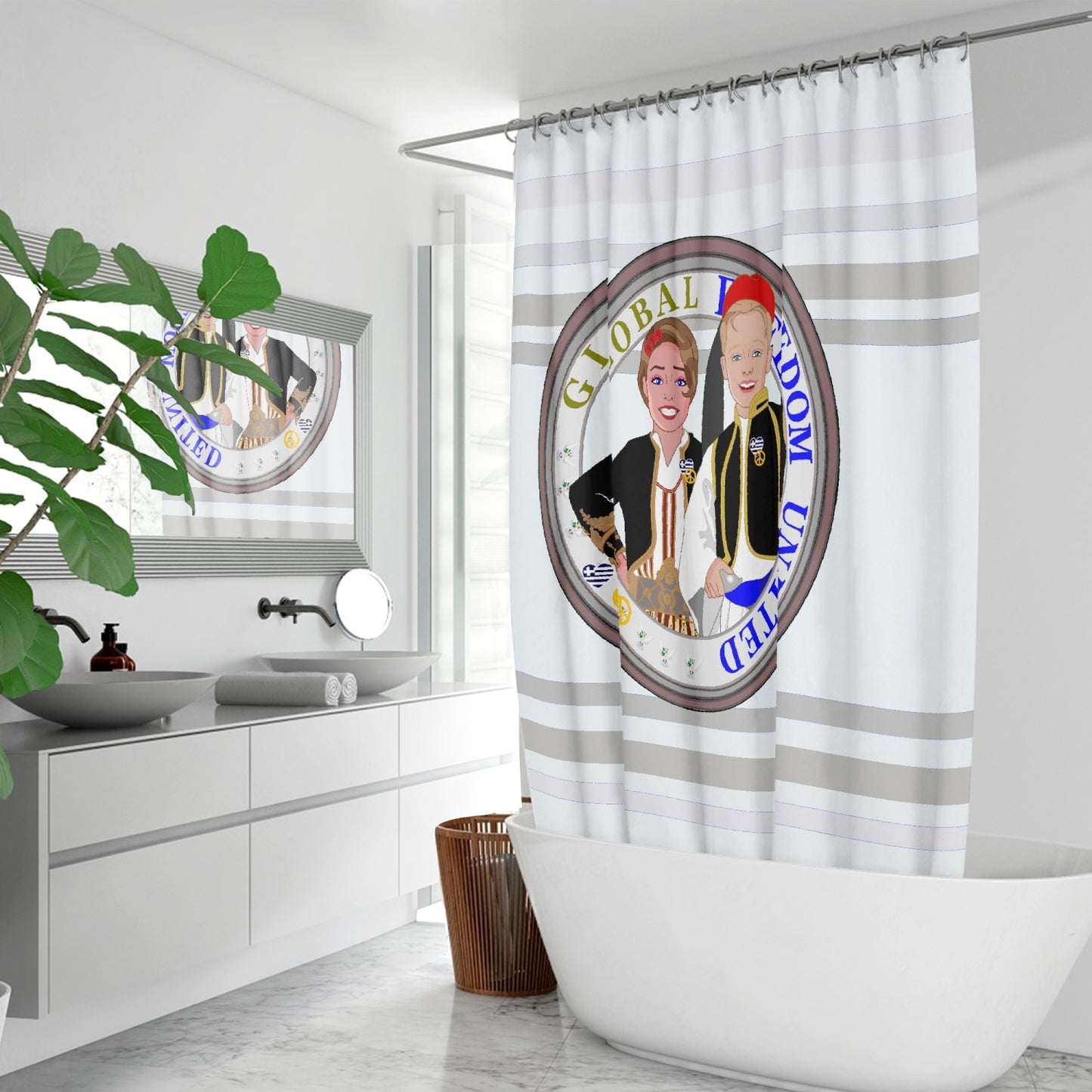 GLOBAL FREEDOM UNITED© Couple Greece wight Quick-drying Shower Curtain