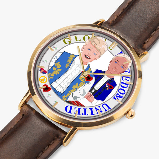 GLOBAL FREEDOM UNITED© Hot Selling Ultra-Thin Leather Strap Quartz Watch (Rose Gold With Indicators) Men Albania & Serbia