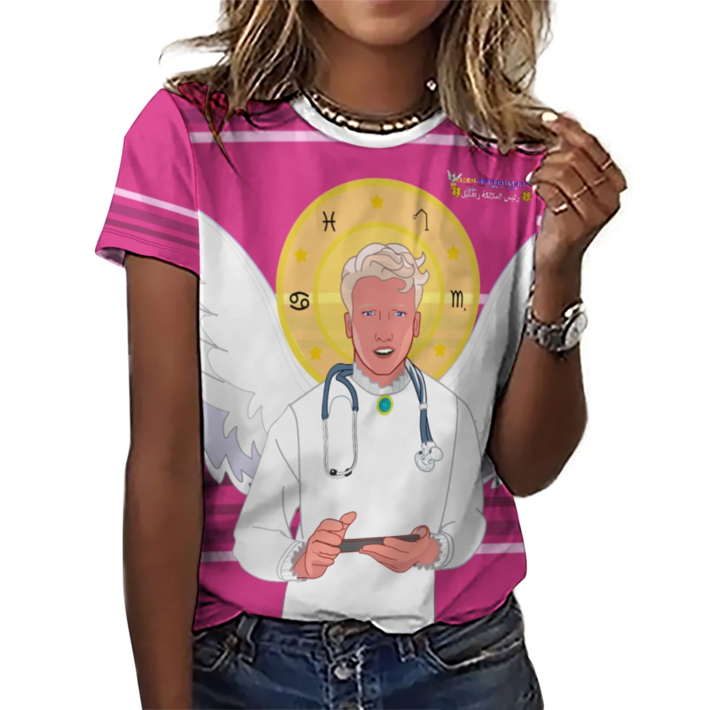 Women´s T-shirt GLOBAL FREEDOM UNITED© Archangel Rafael Arabic Pink2