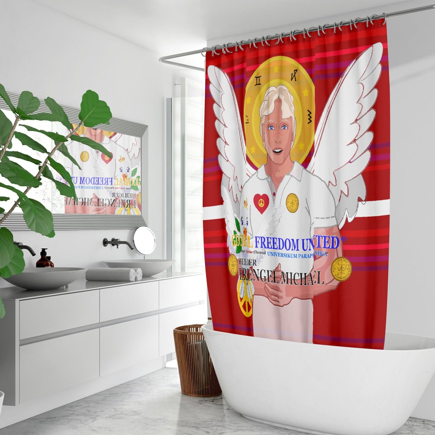 Quick-drying Shower Curtain GLOBAL FREEDOM UNITED ARCGANGEL MICHAEL GERMAN RED