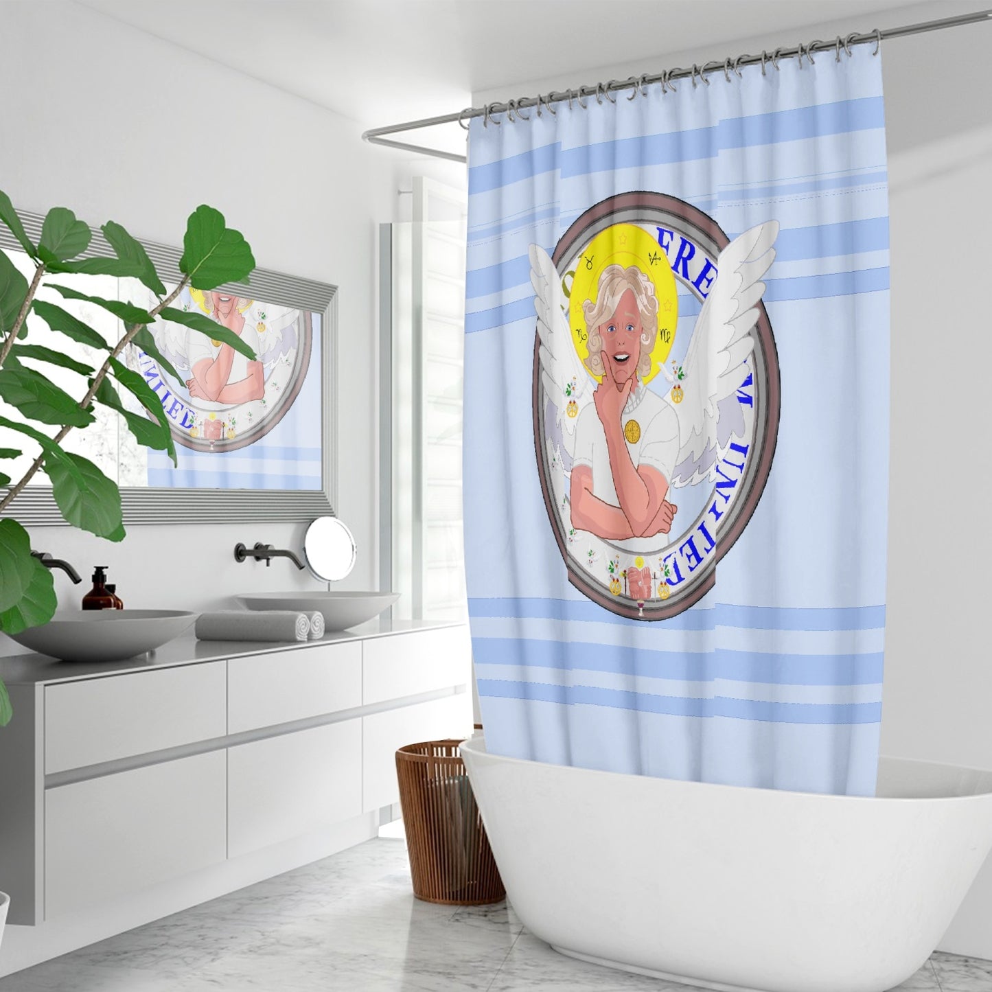 Quick-drying Shower Curtain GLOBAL FREEDOM UNITED© ARCHANGEL GABRIEL Light Blue
