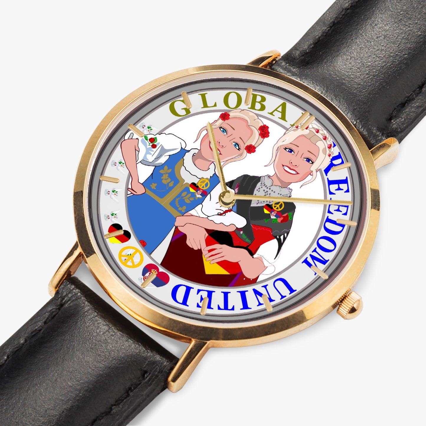 GLOBAL FREEDOM UNITED© Hot Selling Ultra-Thin Leather Strap Quartz Watch (Rose Gold With Indicators) Women Serbia & Germany V2