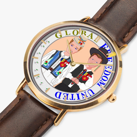 GLOBAL FREEDOM UNITED© Hot Selling Ultra-Thin Leather Strap Quartz Watch (Rose Gold With Indicators) Men Romania & Hungary