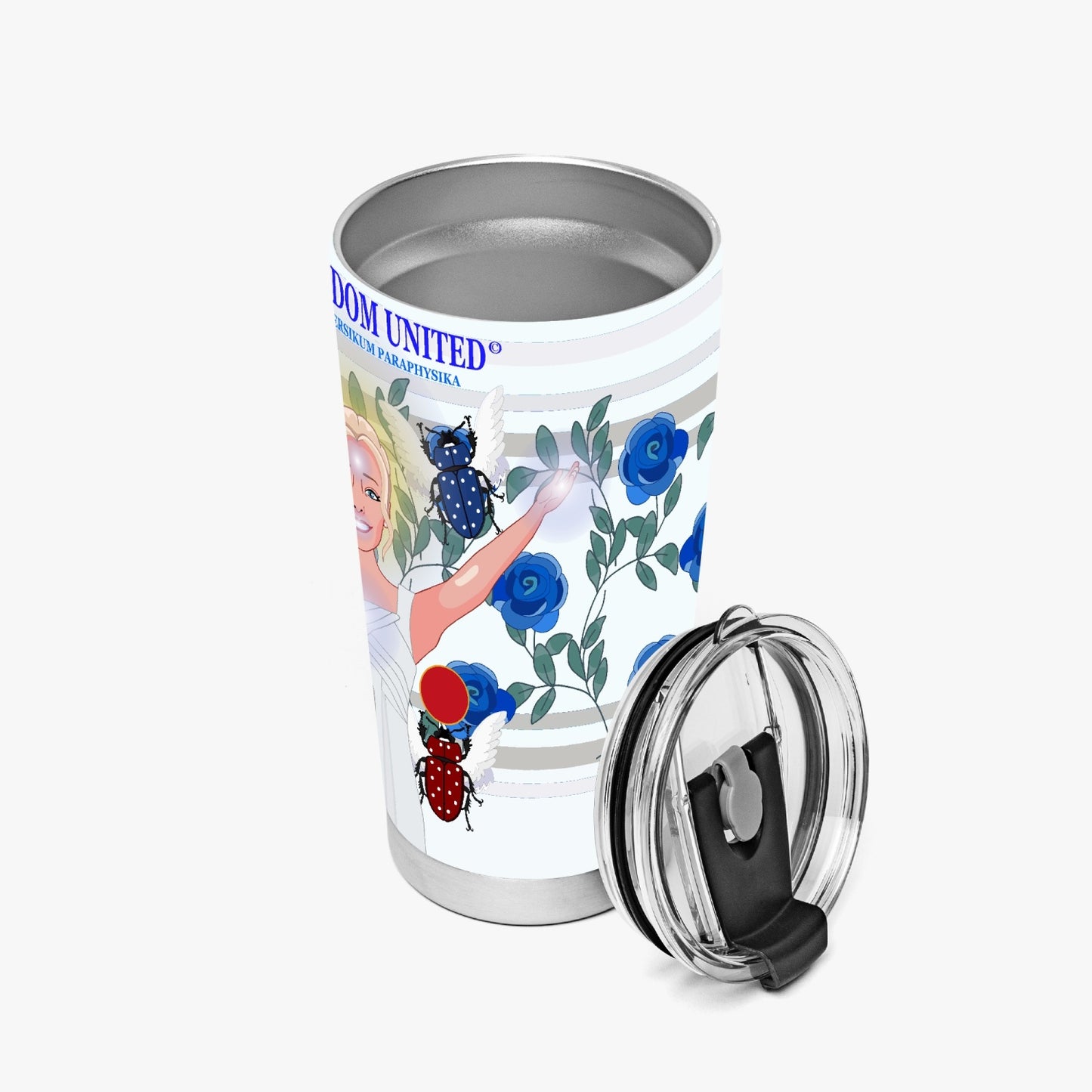 Tumbler GLOBAL FREEDOM UNITED© UNIVERSIKUM PARAPHYSIKA SPIRITUEL Blue ROSES with Skarabeus Beetle