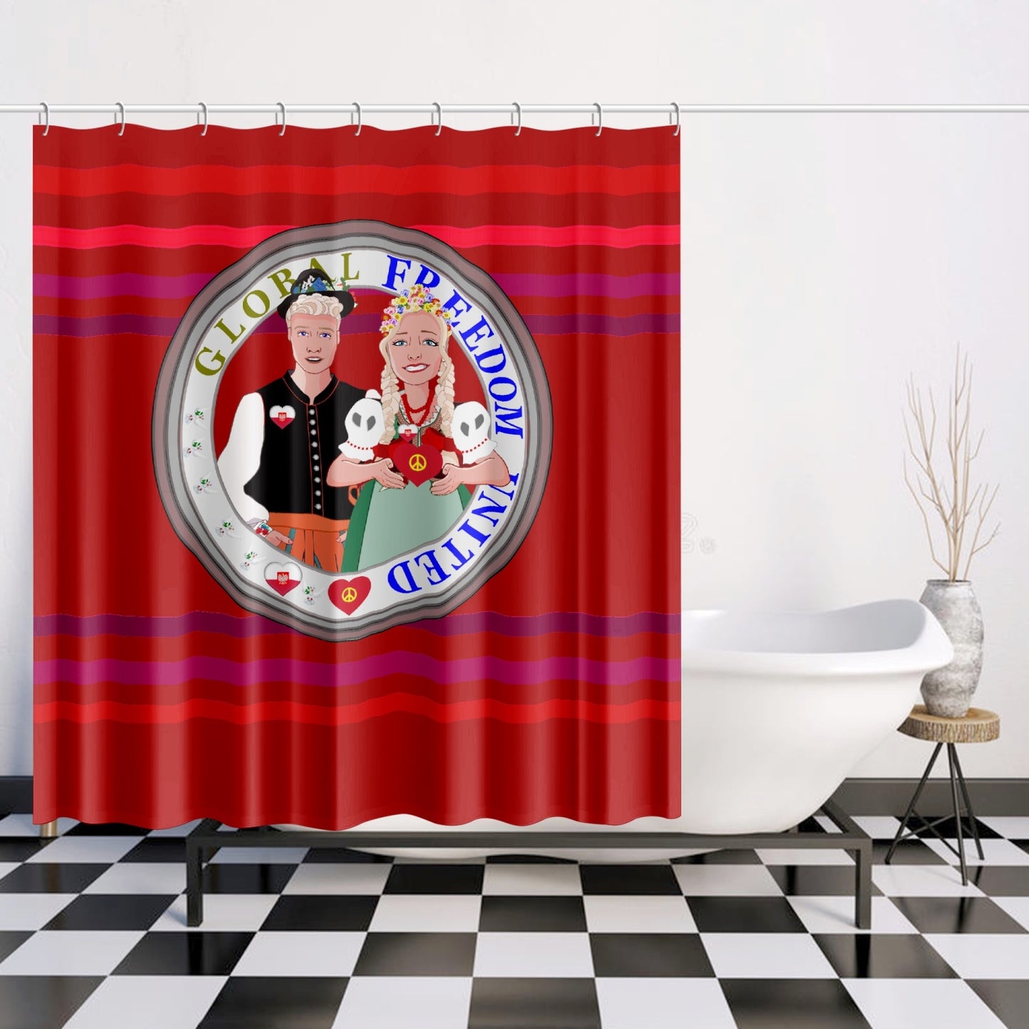 GLOBAL FREEDOM UNITED© Couple Poland Red - Quick-drying Shower Curtain