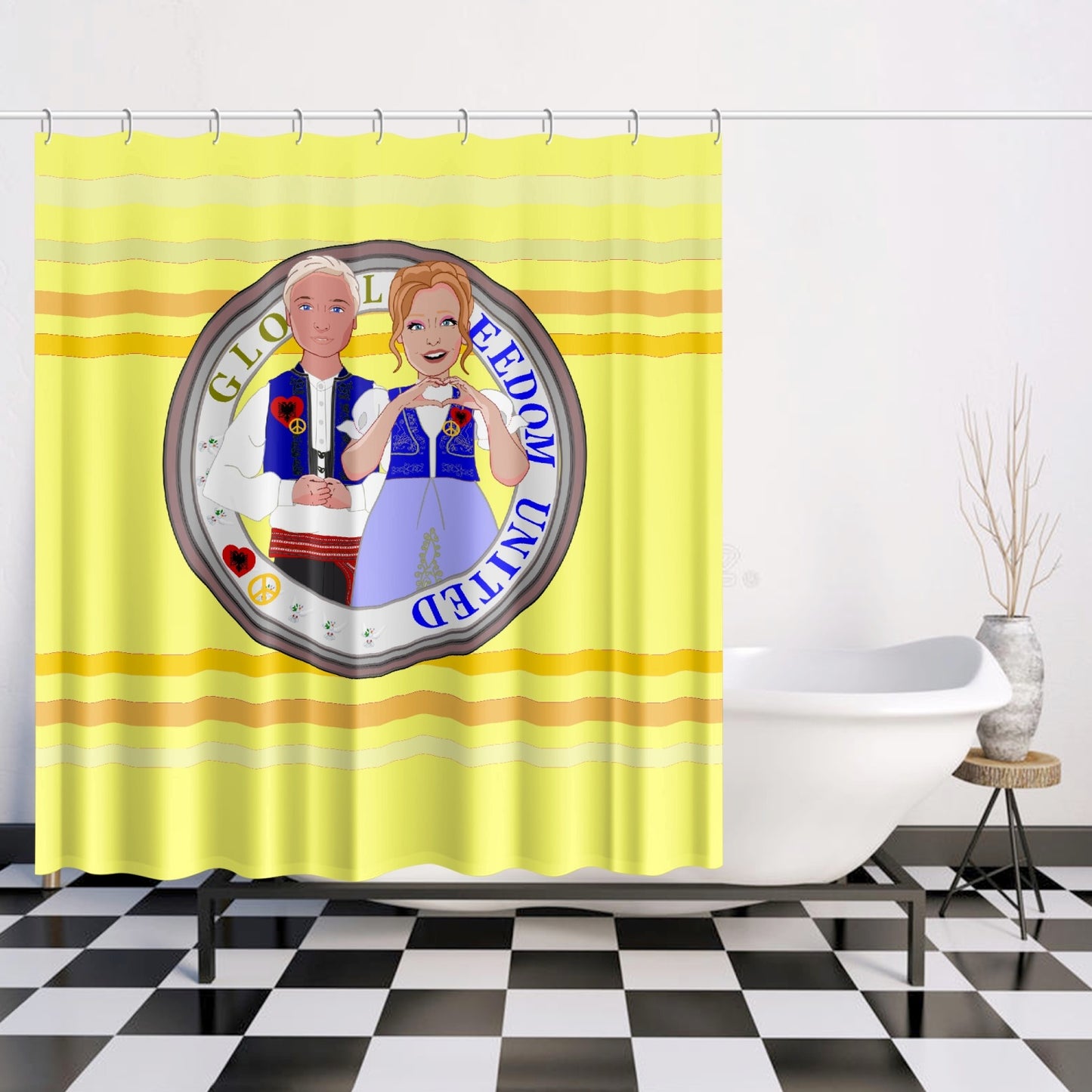 GLOBAL FREEDOM UNITED© Couple Albania Yellow Quick-drying Shower Curtain