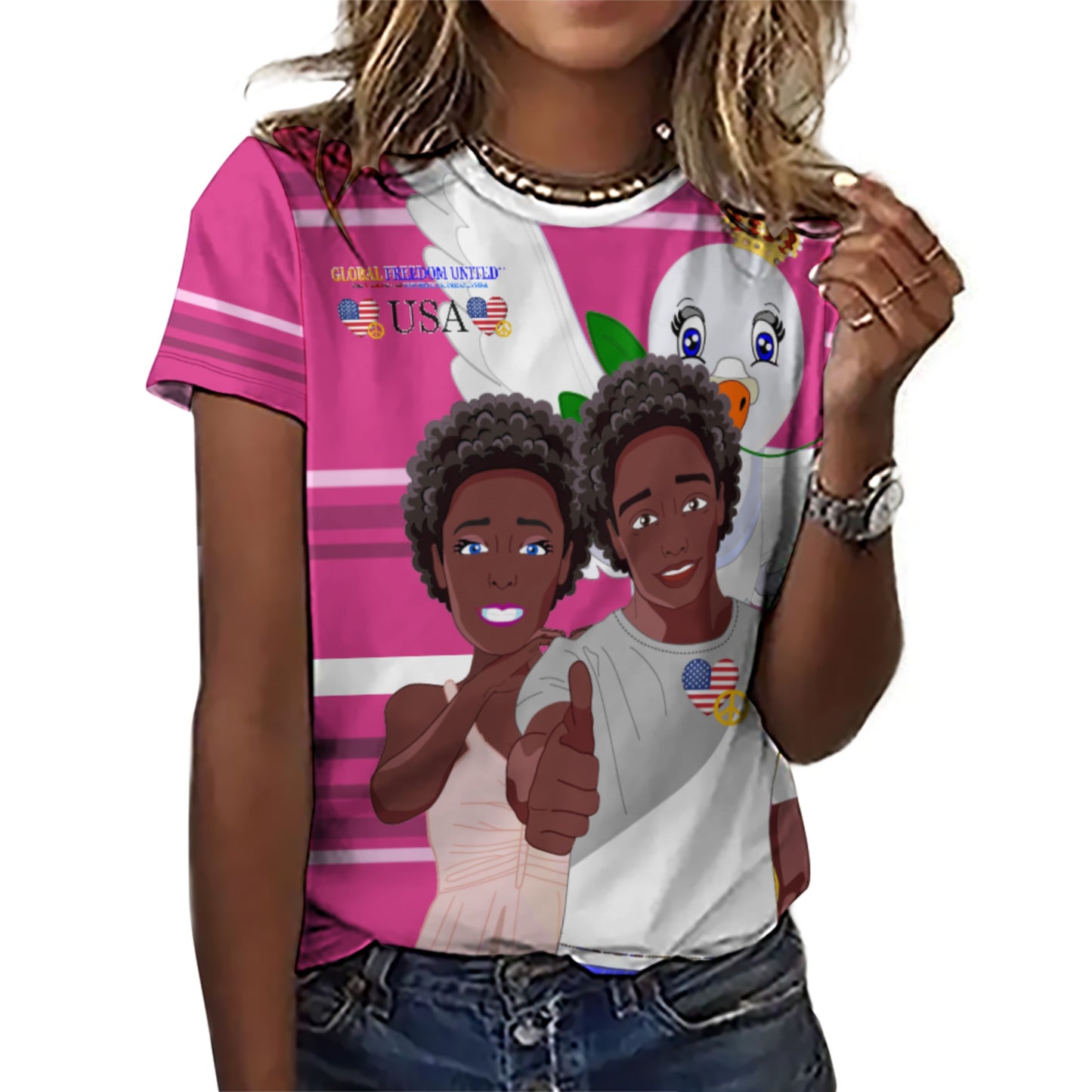 Women´s T-shirt 2 GLOBAL FREEDOM UNITED© Couple USA Afro American Pink