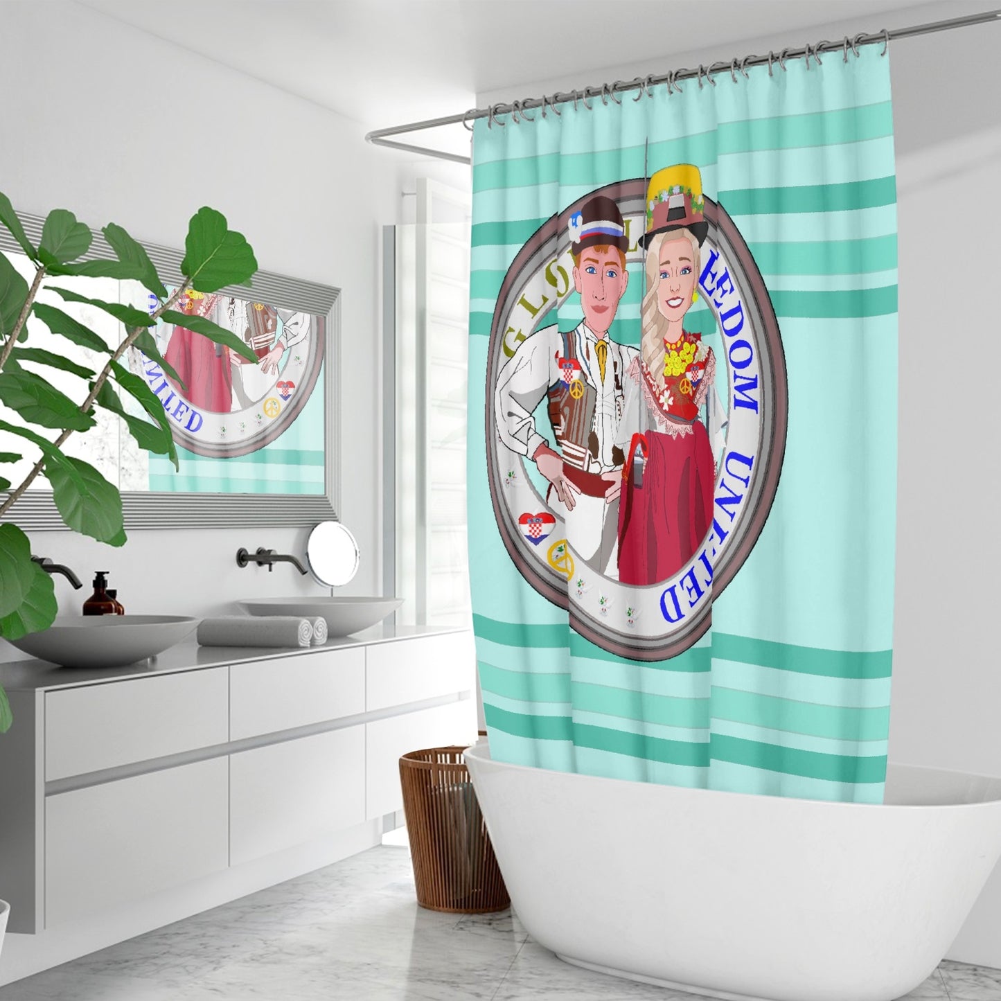 GLOBAL FREEDOM UNITED© Couple Croatia Light Green - Quick-drying Shower Curtain