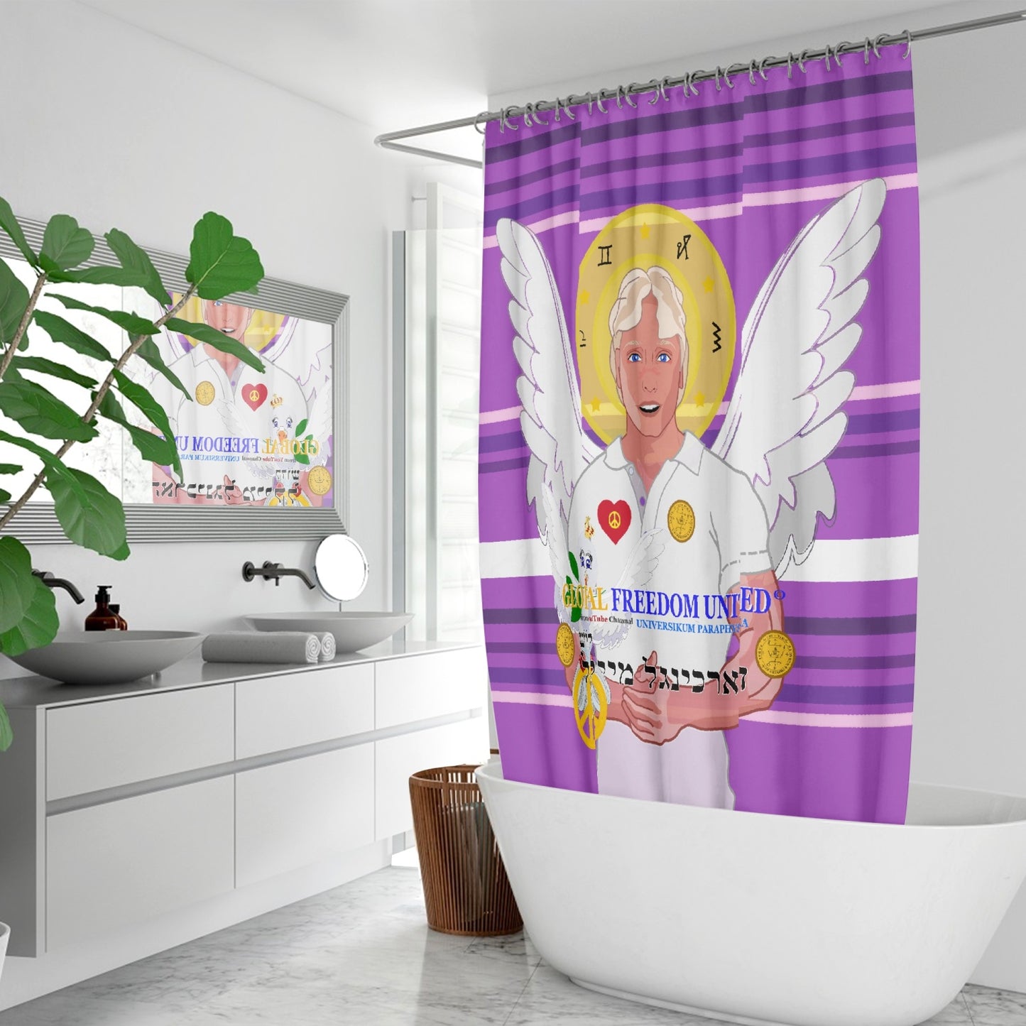 Quick-drying Shower Curtain GLOBAL FREEDOM UNITED ARCGANGEL MICHAEL HEBREW LILAC