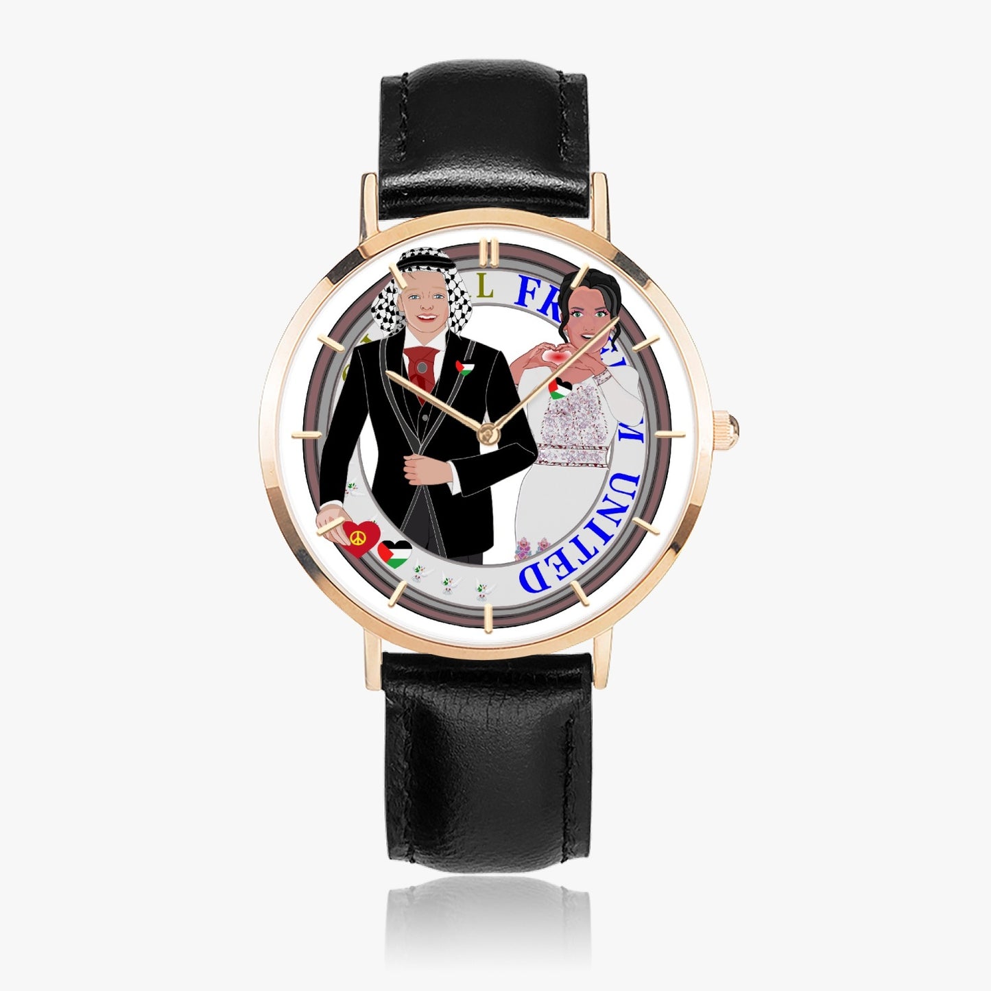 GLOBAL FREEDOM UNITED© Couple Palestina Hot Selling Ultra-Thin Leather Strap Quartz Watch (Rose Gold With Indicators)
