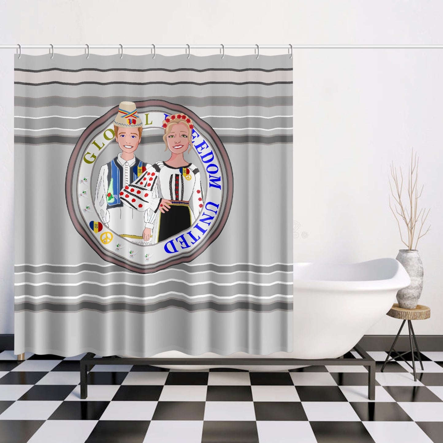 GLOBAL FREEDOM UNITED© Couple Romania Grey - Quick-drying Shower Curtain