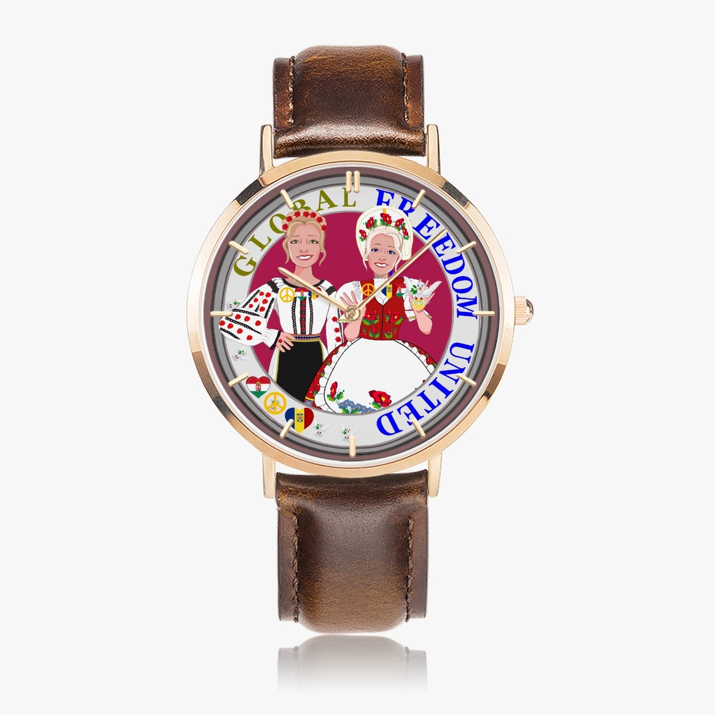 GLOBAL FREEDOM UNITED© Hot Selling Ultra-Thin Leather Strap Quartz Watch (Rose Gold With Indicators) Women Romania & Hungary