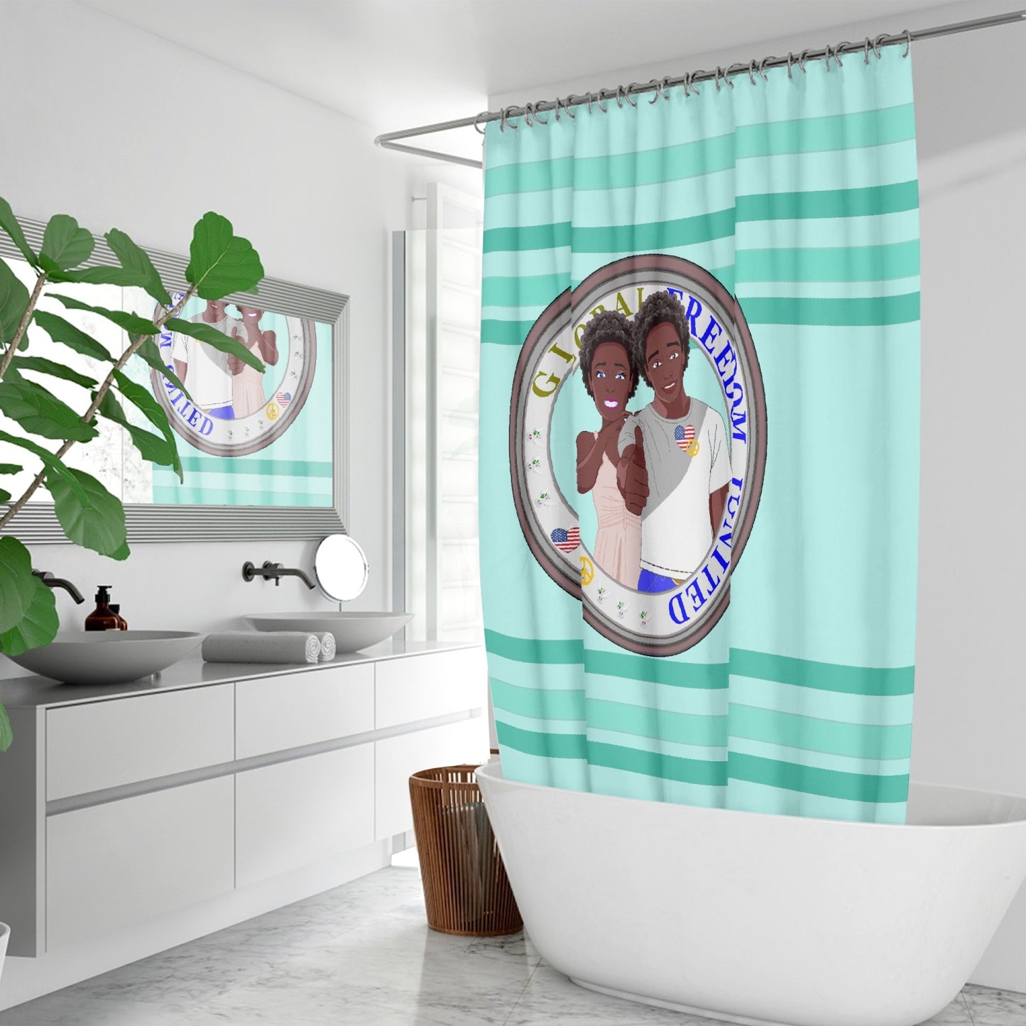 Quick-drying Shower Curtain GLOBAL FREEDOM UNITED© Couple USA Afro American Light Green