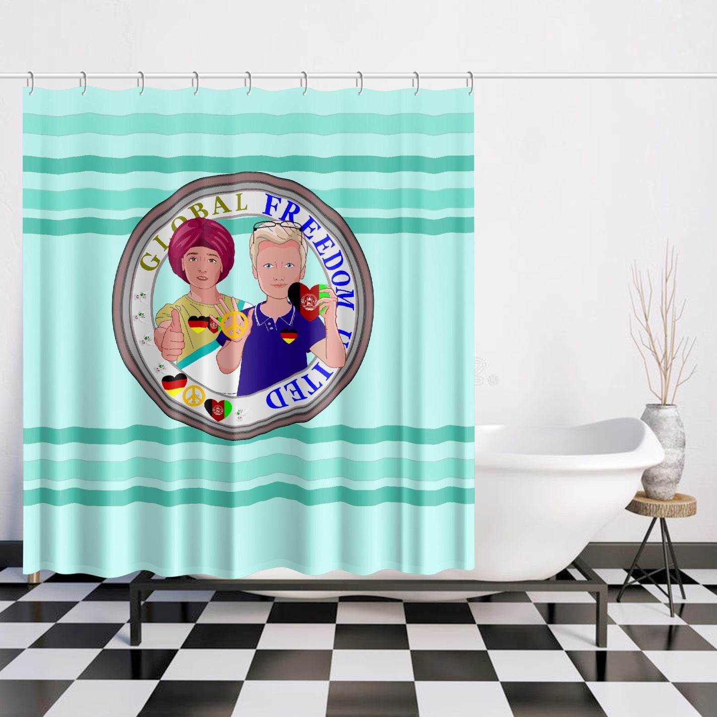 Quick-drying Shower Curtain GLOBAL FREEDOM UNITED© Men Afghanistan & Germany Light Green