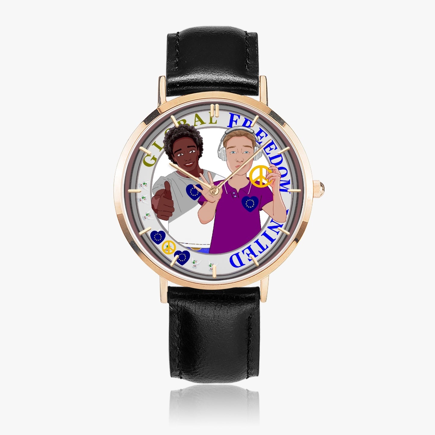 GLOBAL FREEDOM UNITED© Hot Selling Ultra-Thin Leather Strap Quartz Watch (Rose Gold With Indicators) Men ANTI FASCISM & RACISM EUROPE