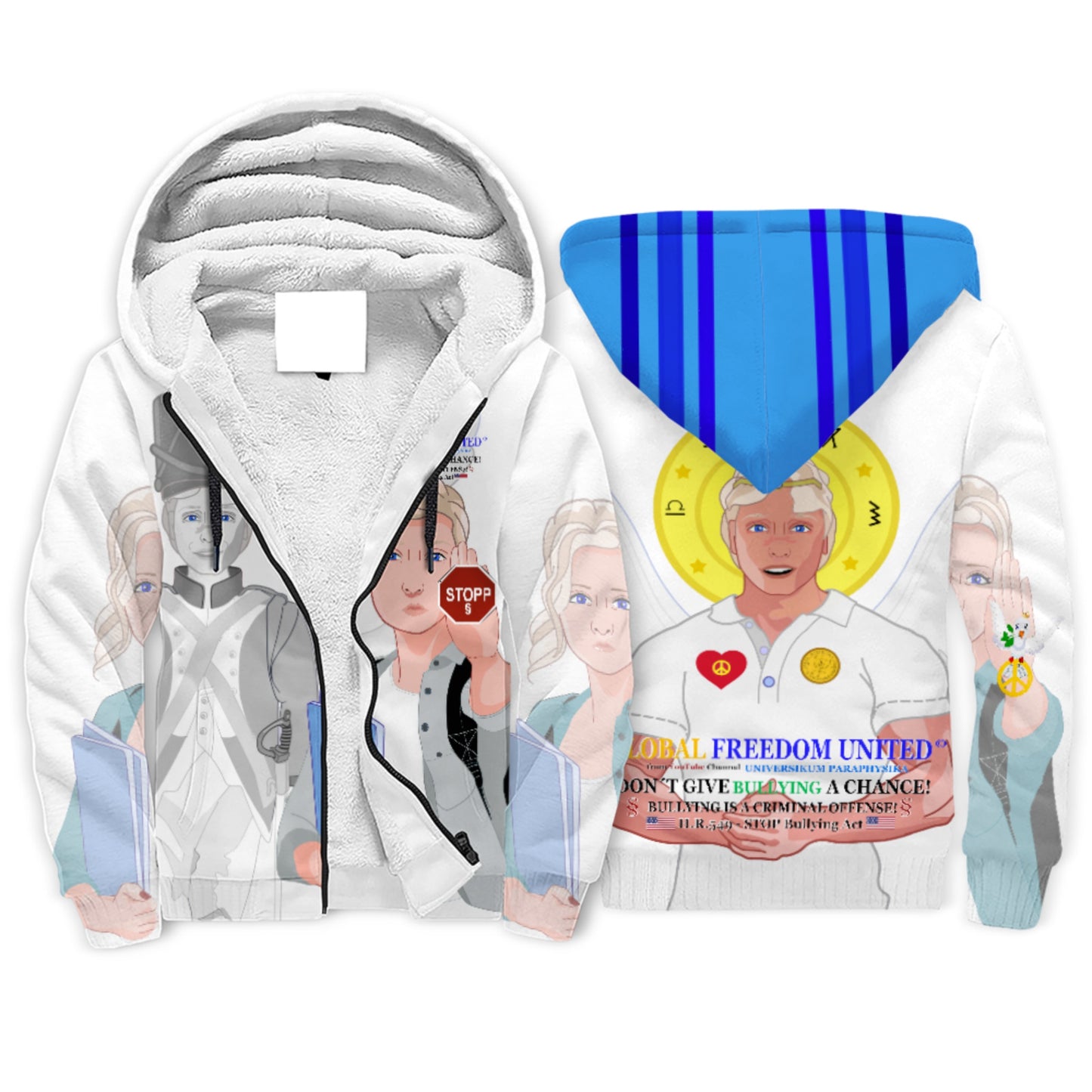 Plush Hoodie GLOBAL FREEDOM UNITED© Anti Bullying Men Blue USA