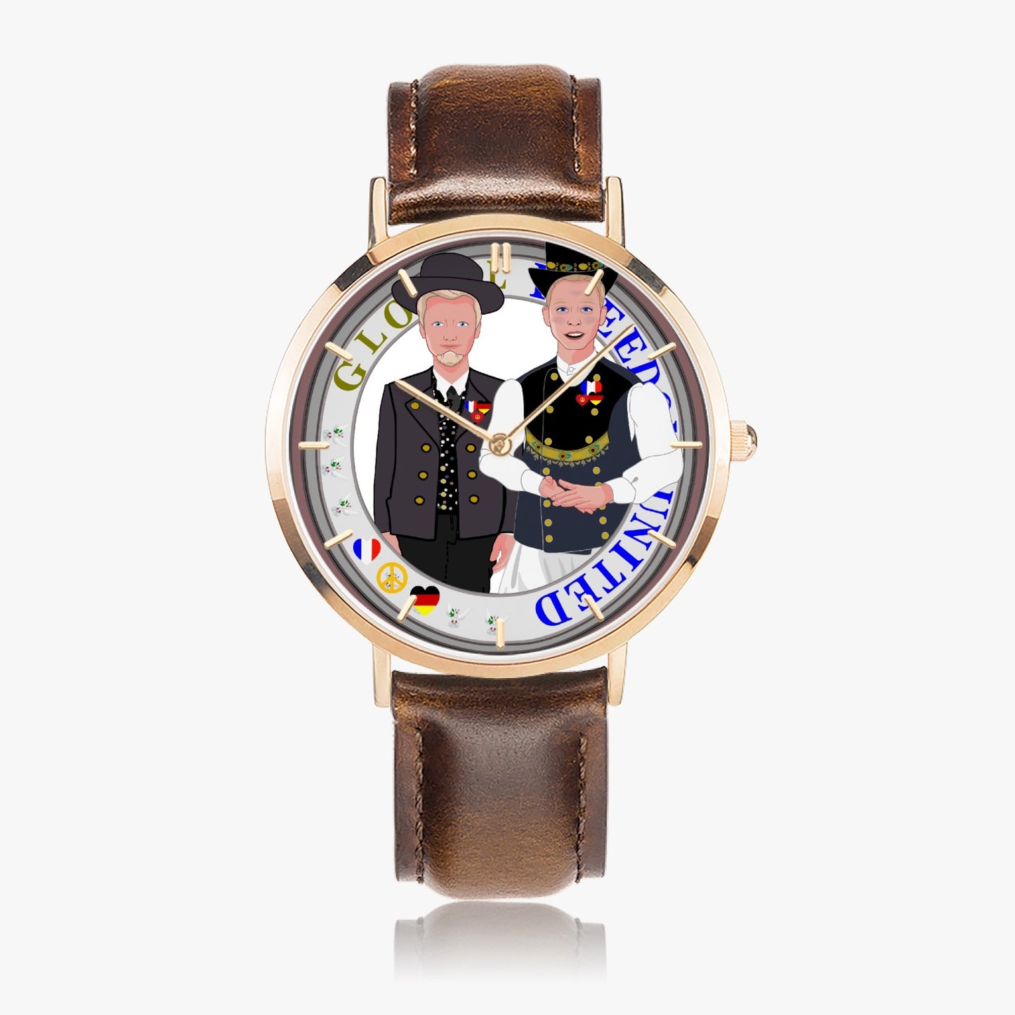 GLOBAL FREEDOM UNITED© Hot Selling Ultra-Thin Leather Strap Quartz Watch (Rose Gold With Indicators) Men French & Germany