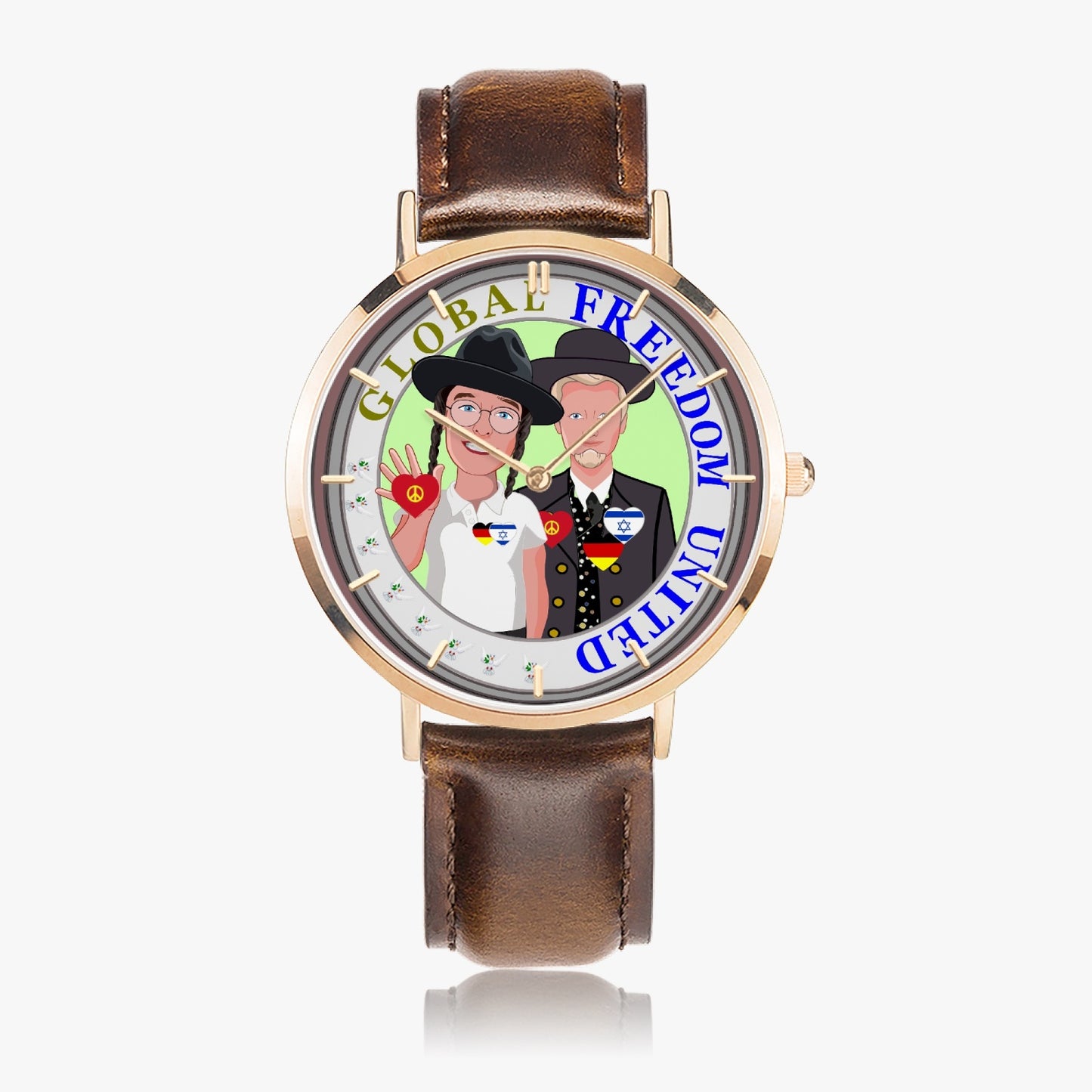 GLOBAL FREEDOM UNITED© Hot Selling Ultra-Thin Leather Strap Quartz Watch (Rose Gold With Indicators) Men Israel & Germany