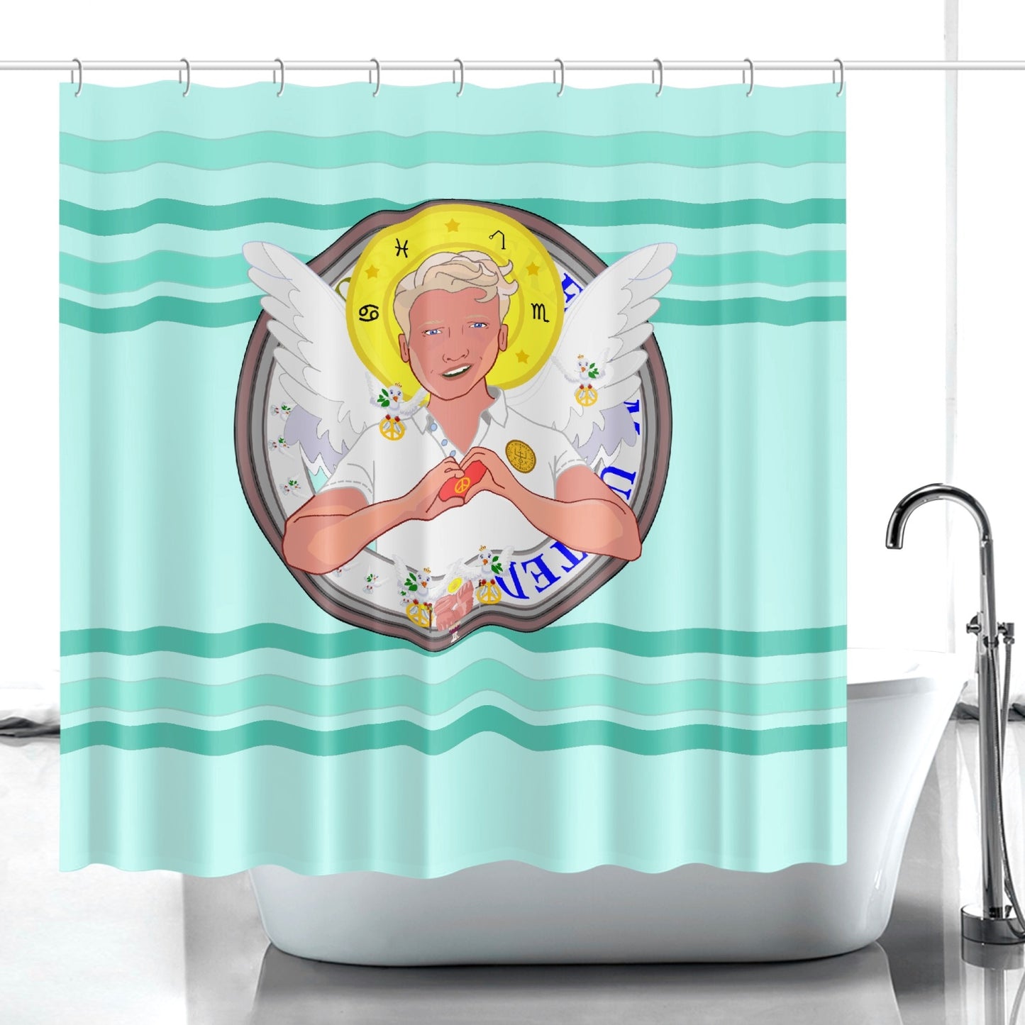 Quick-drying Shower Curtain GLOBAL FREEDOM UNITED© Archangel Rafael Light Green