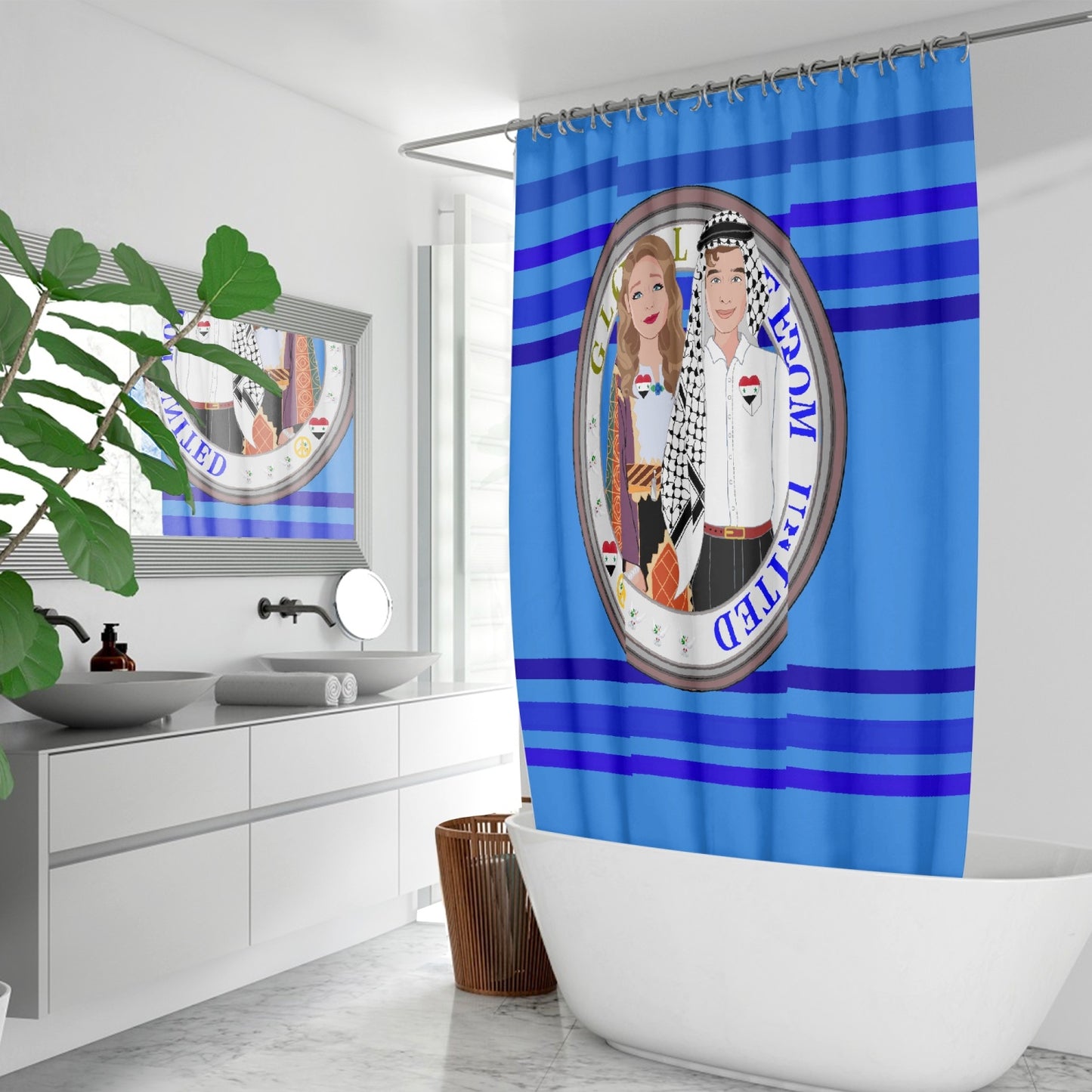 GLOBAL FREEDOM UNITED© Couple Syria Deep Blue - Quick-drying Shower Curtain