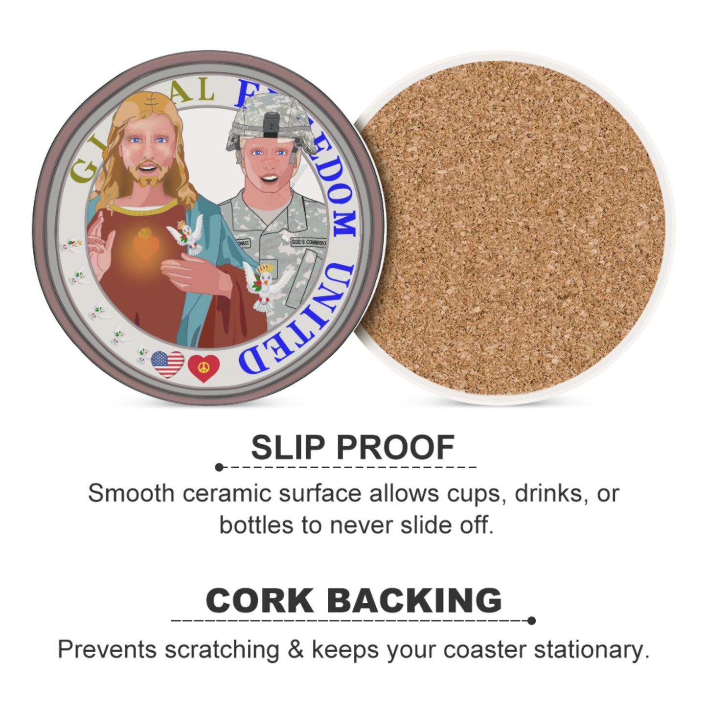 Ceramic Coasters GLOBAL FREEDOM UNITED© Jesus Is A Hero Veteran For Us American Soldiers